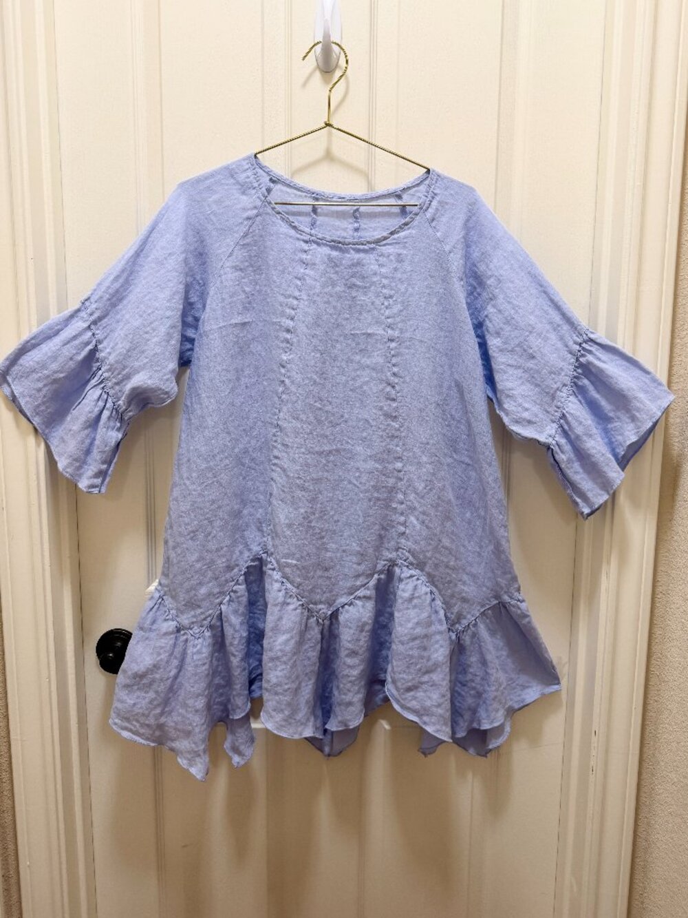 Match Point Linen Tunic Top Size S Blue Ruffle Hem Lagenlook Boho Cottagecore